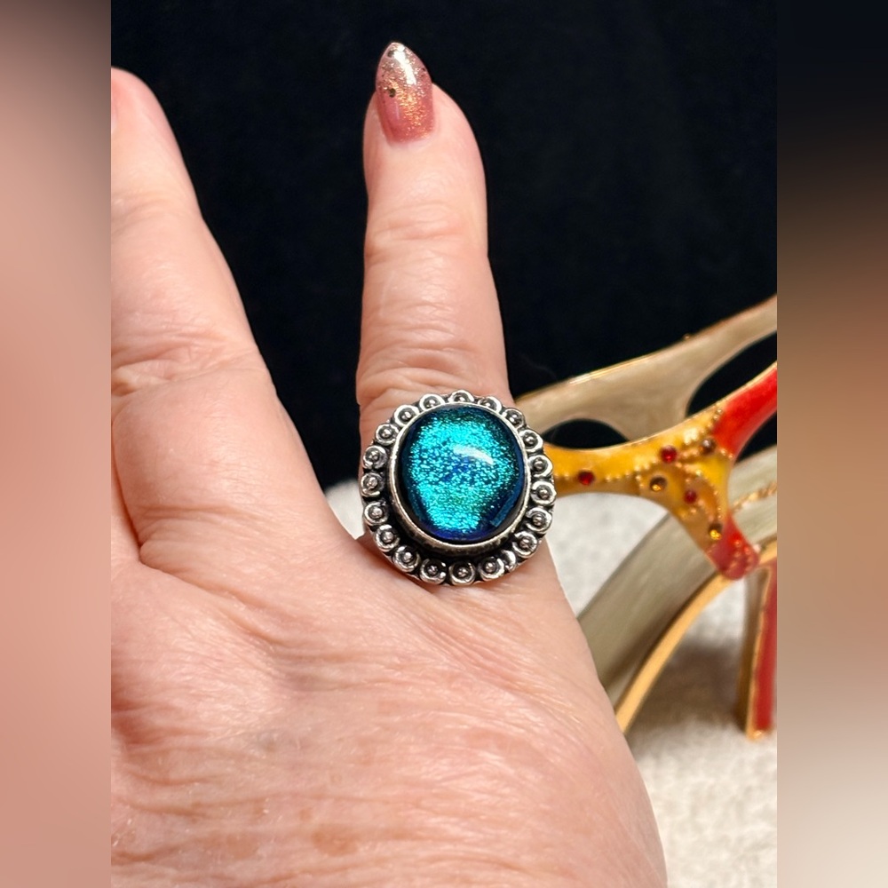 Fancy dichroic glass gemstone handmade Silver Statement Ring 6.75
